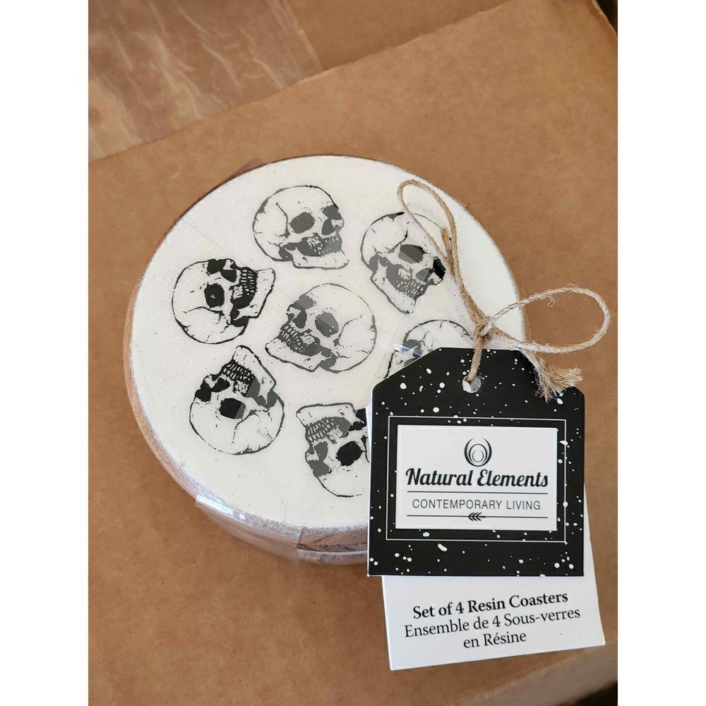Natural Elements contemporary living set of 4 resin Coasters skull print